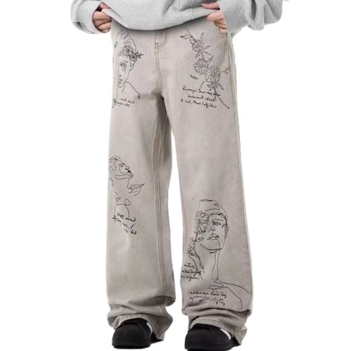 Hollywood-style unisex summer 2024 new personalized letter denim jeans hip-hop INS trendy high street fashion cool long pants