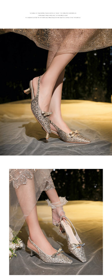 Sandal nữ bít mũi hở gót gót vuông đính đá và nơ, giày cưới phù dâu — Màu bạc, Vàng nhạt chi tiết 12