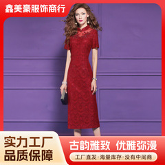 跨境新中式连衣裙蕾丝亮片红色礼服妈妈服短袖旗袍新中式连衣裙