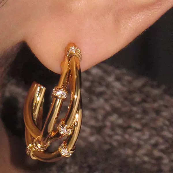 金色多层竹节锆石耳钉小众设计感轻奢中古耳饰 铜镀18K金线条耳饰
