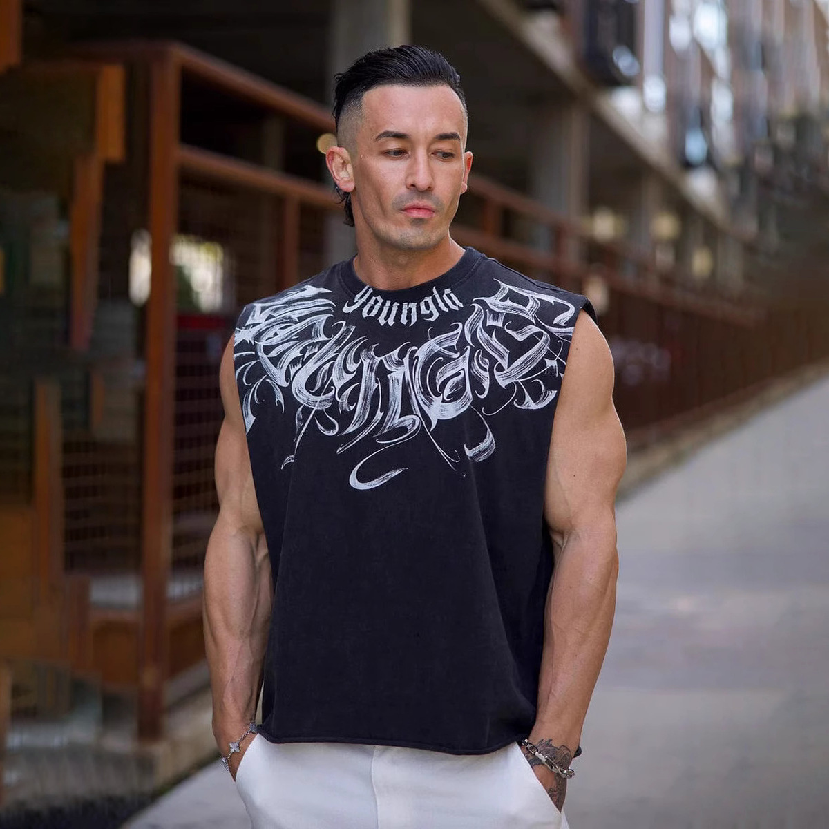 Youngla's new men's American-style trendy summer printed cotton sleeveless sports and fitness tank top