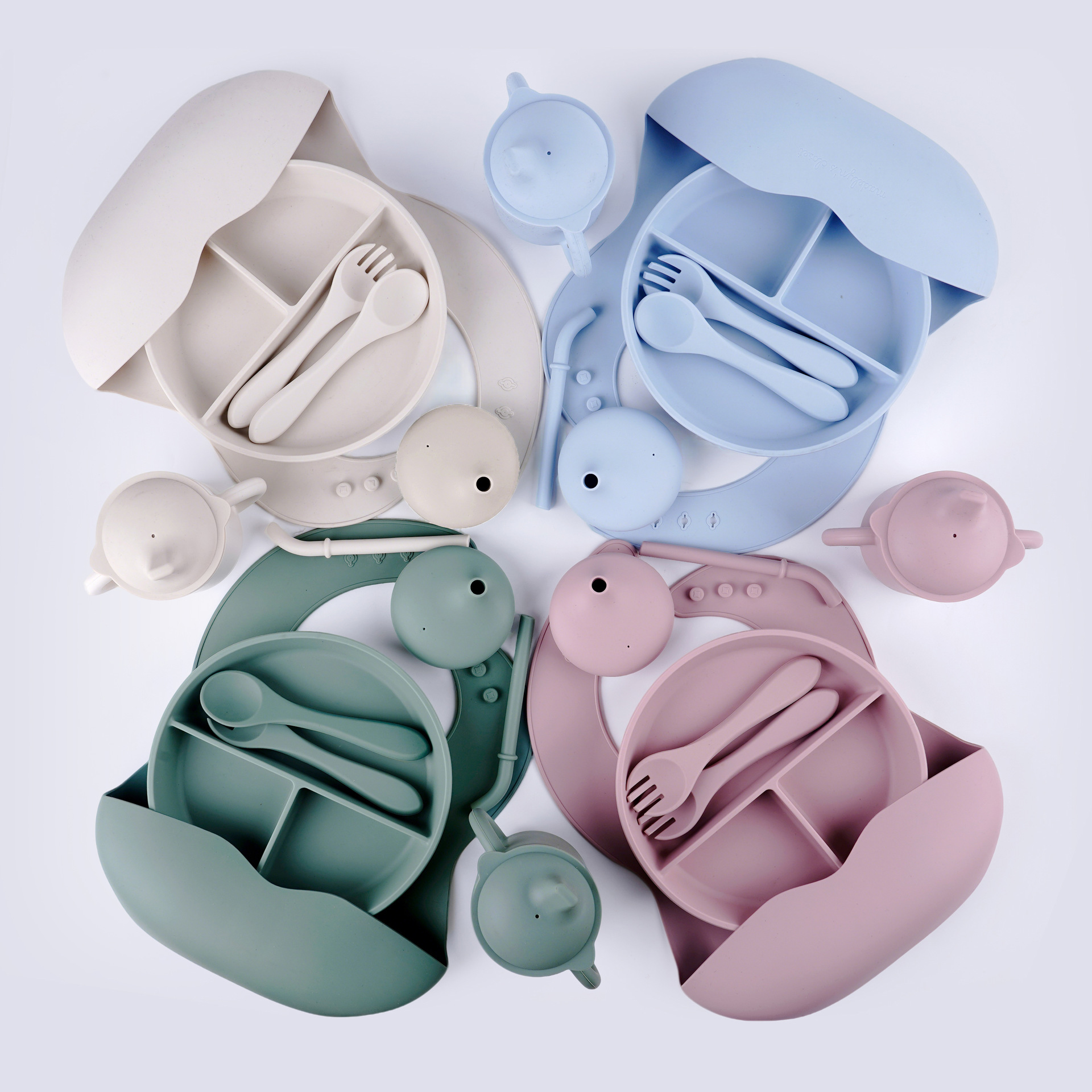 Set de cubiertos de silicona para bebés 5 piezas set de platos de comedor de tres cuadrados Bajazo de paja taza de agua silicona tenedor cuchara 5 piezas set de alimentos suplementarios