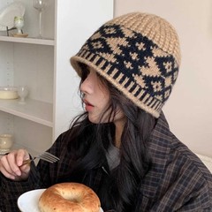 跨境外贸复古菱格针织帽毛线帽子女秋冬季小众设计感针织帽保暖防