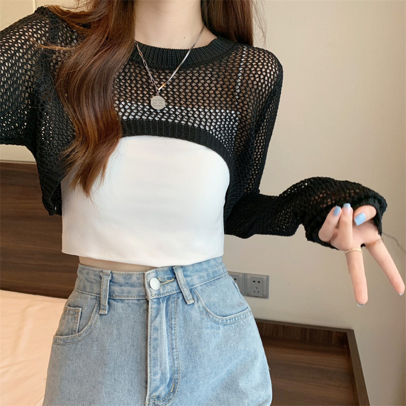 Suéter hueco corto ropa de mujer verano nuevo diseño manga larga protección solar blusa chal de seda de hielo