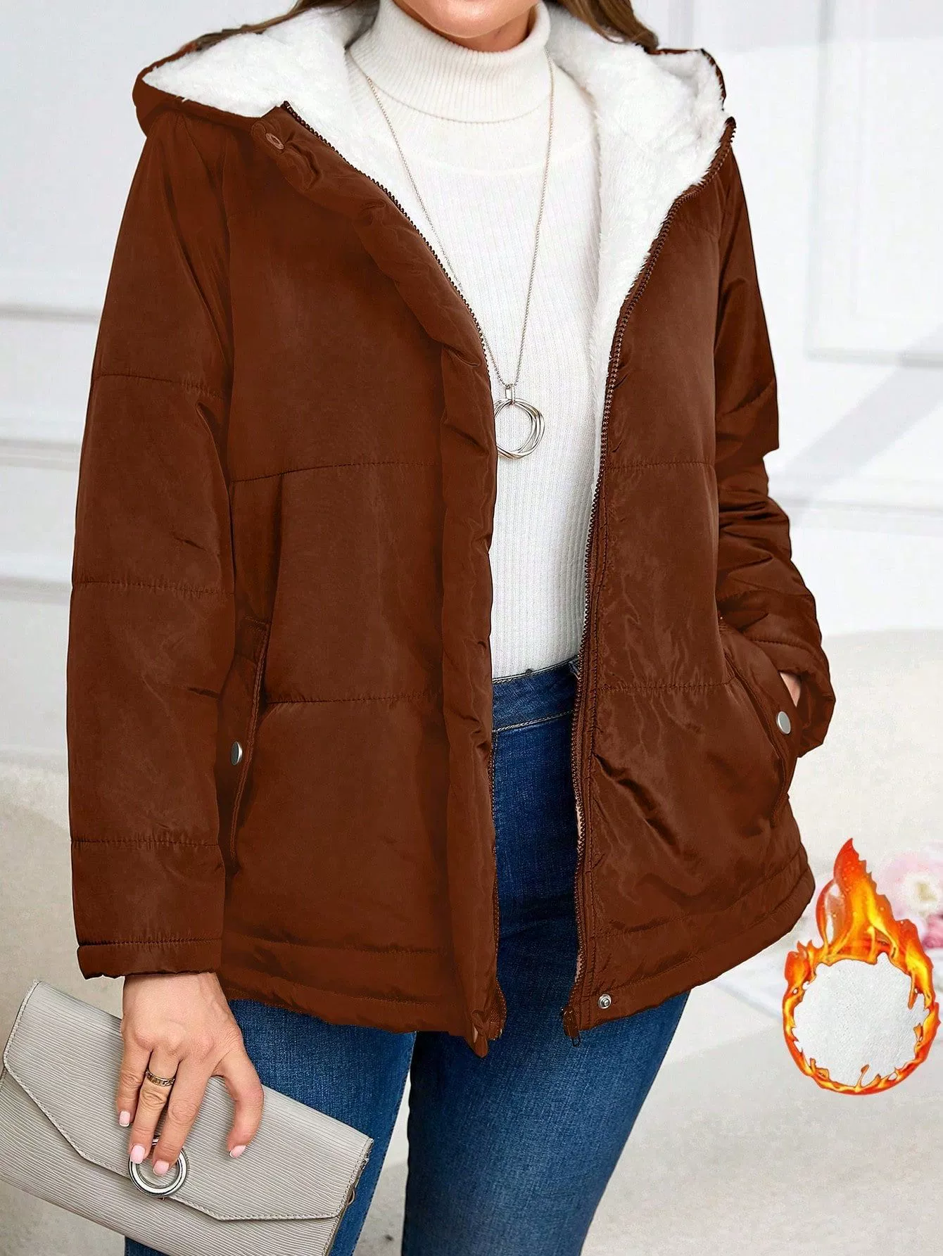 Winter down jacket with pockets with hood with zipper, plus size, increased thickness