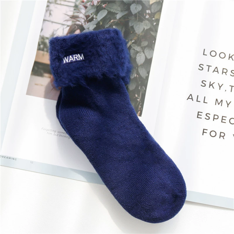 Warm knee socks with plush fur cuff and embroidery, mid-length, assorted colors