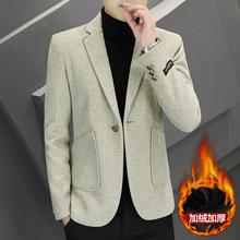 秋冬季加绒小西装男士韩版修身潮流单西青年休闲加厚毛呢一件代发
