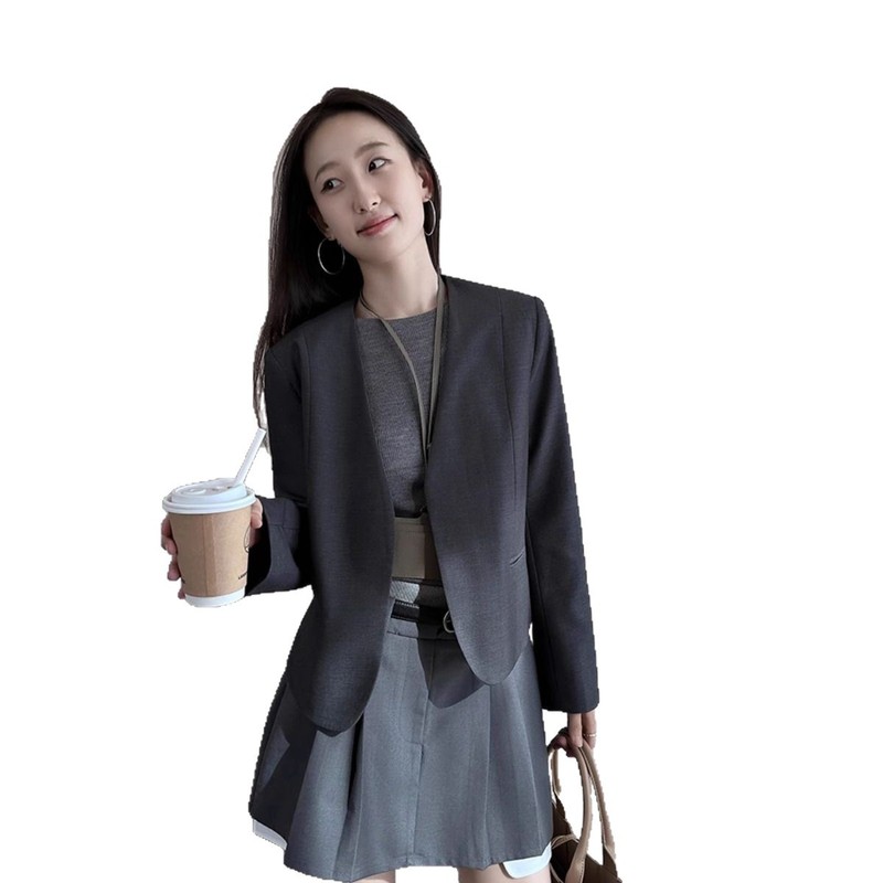 灰色休闲简约V领长袖西装外套女春季2025通勤利落小个子气质西服|undefined