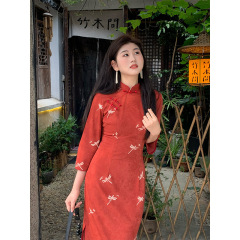 新中式《生南国》日常改良复古长袖旗袍女新中式红色连衣裙秋