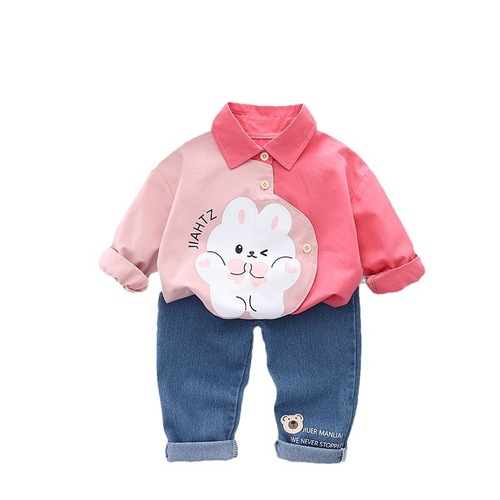 Girls' Spring and Autumn Suit Little Girl Baby Cartoon Rabbit Shirt Jeans Two-piece Set Infant and Toddler Fashion Western Style