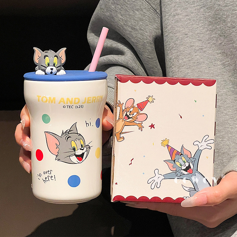 猫和老鼠马克杯高颜值陶瓷水杯家用女生带吸管牛奶杯带盖生日礼物|undefined