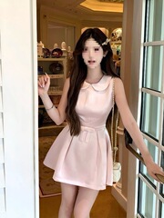 甜美清楚系蝴蝶结娃娃领无袖连衣裙女夏季新款约会收腰短裙子