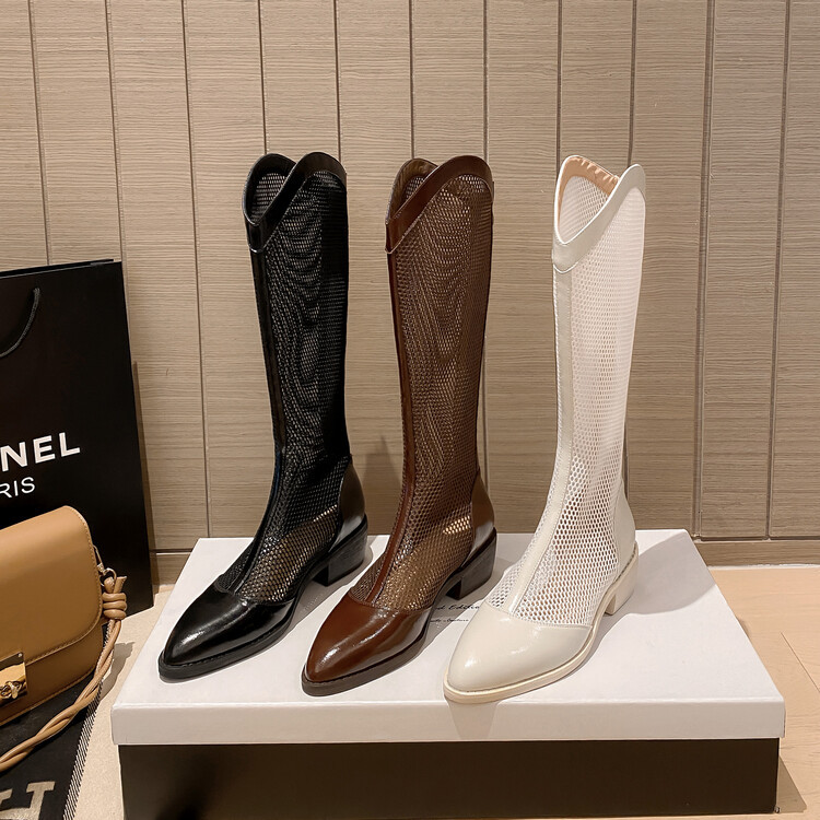 Boot nữ cổ cao da thật đế thô gót vuông ống lưới rỗng dây kéo sau — Màu nâu ống lớn, Ống nhỏ màu đen, Ống nhỏ màu nâu, Ống nhỏ màu trắng Be chi tiết 14