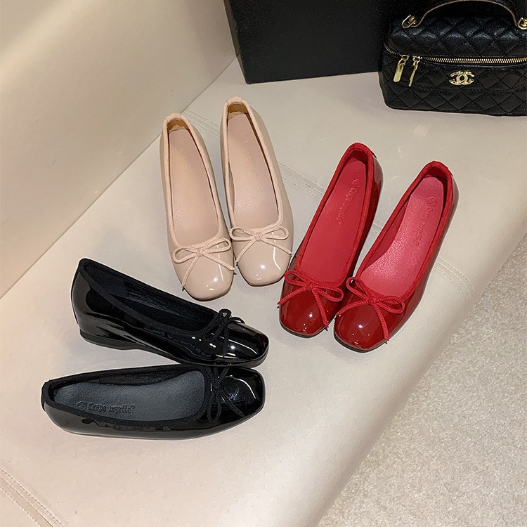 Cowhide Version 4.5cm Inner Height ~ 2025 Autum Super Soft Square Toe Bow Commuter Ballet Shoes for Women
