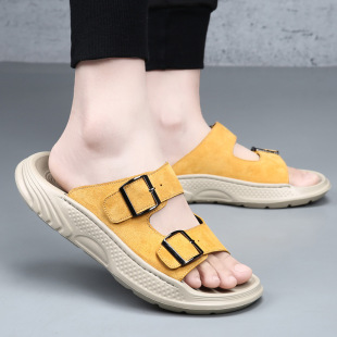 Slippers for Men 2025 Summer Genuine Leather Trbottomyy Outer Wear Sandals Men's Thick-Soled Non-Slip High-Bottom Beach Men's Slippers