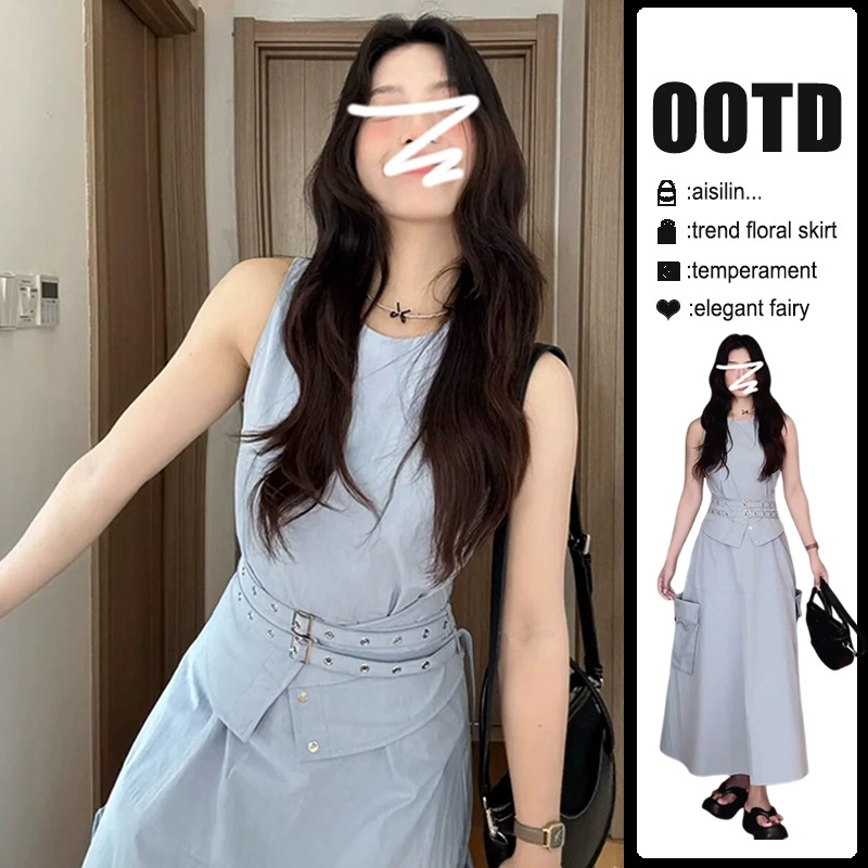 Женское платье-жилет в стиле французской синей рабочей одежды, лето 2025, новое, с завышенной талией, нишевый дизайн, длинное платье