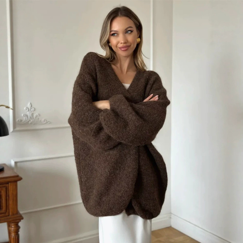 Women's Foreign Trade Knit Cardigan, Buttonless V-Neck, Lantern Sleeves, Loose Oversized Lazy Sweater Coat, Cross-Border Women's Fashion