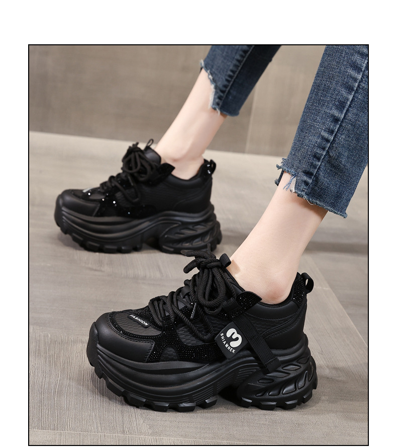 Giày sneaker nữ đế dày tăng chiều cao đính đá pha lê phong cách thể thao — màu đen chi tiết 15