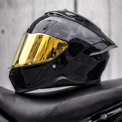 Motosiklet kaskı (dəbilqə) – riding, full-face motorcycle helmet - piano-black-finish-electroplated-gold-mirror-includes-a-transparent-mirror-m55-56cm