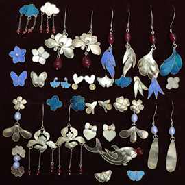 S999足银点翠底胎耳钉集合天然珍珠红玛瑙耳饰胎底diy手工材料包