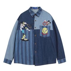 日本風カジュアルな切り替えデザイン、ネズミ刺繍入りデニム長袖シャツ、男女兼用オーバーサイズカップルトップス