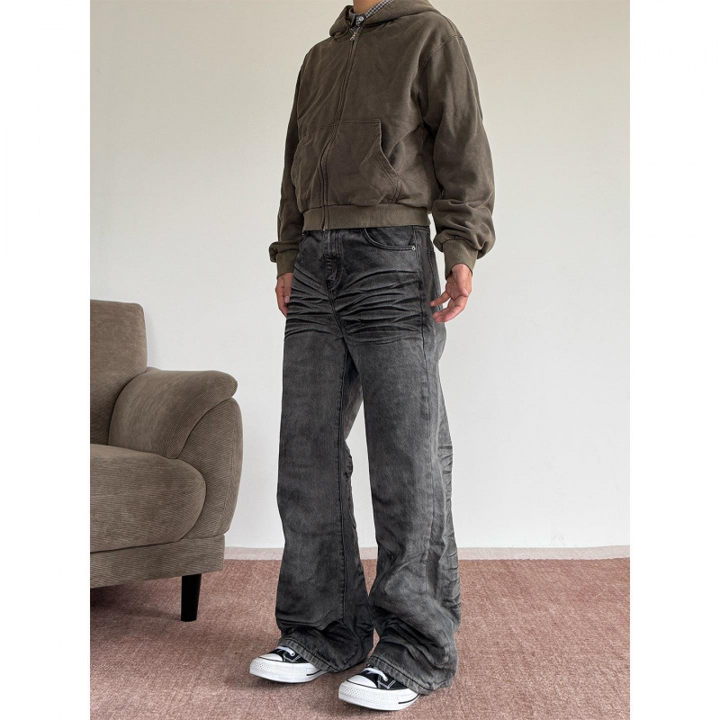 American-Style Design Straight-Leg Jeans with Snowflake Texture, Vintage Wash, Whiskers, Creases, and Loose Fit for Men and Women American-Style Design Straight-Leg Jeans with Snowflake Texture, Vintage Wash, Whiskers, Creases, and Loose Fit for Men and Women