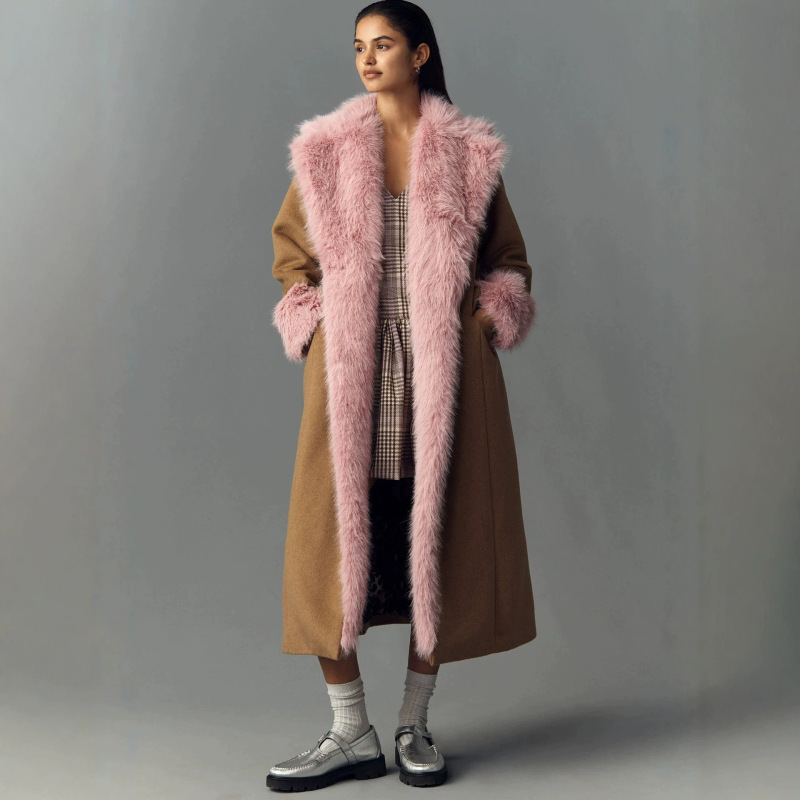 Retro Street Style Woolen Patchwork Pink Faux Lamb Fur Long Coat for Women, Loose and Thick Woolen Overcoat