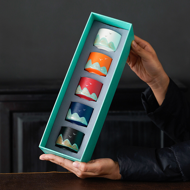Juego de tazas de té de cerámica transformada en horno, estilo paisaje, de las dinastías Tang y Song, taza maestra de los Mil Millas de Montañas y Ríos, juego de caja de regalo con taza individual.