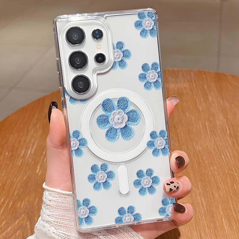Cross-Border Popular Blue Flower Phone Case Magsafe Magnetic Transparent Case Suitable for Samsung S24 Protective Case S25U