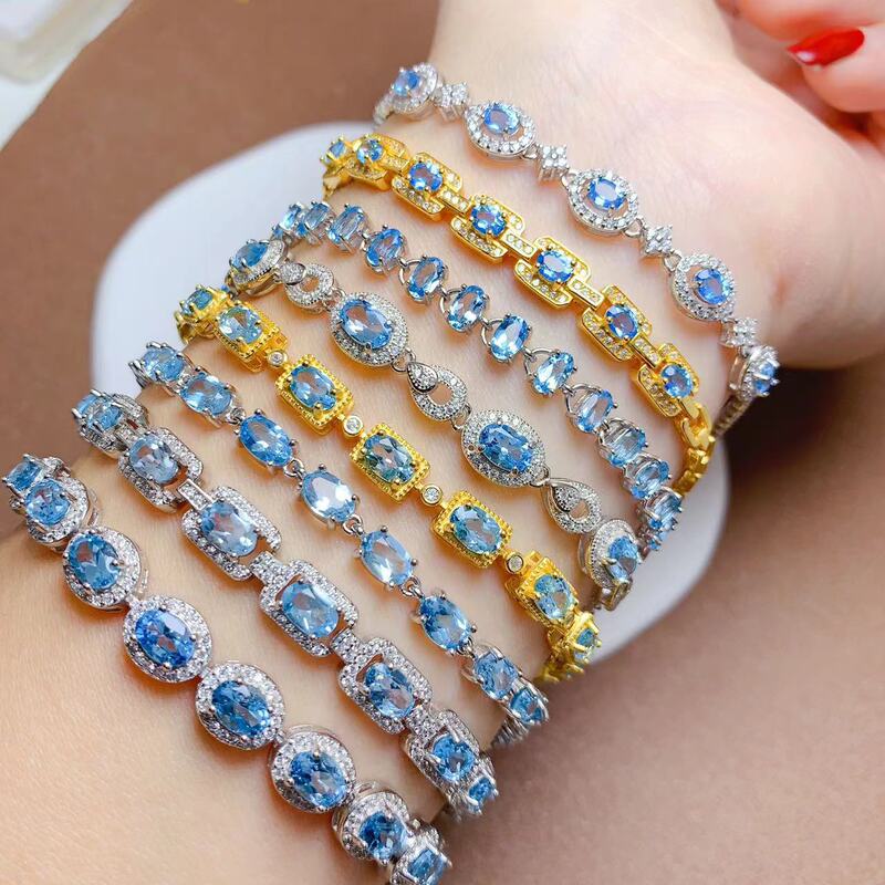 Natural Blue Topaz bracelet 5A full net dopamine bracelet simple gold platinum bracelet multi-color color Treasure chain
