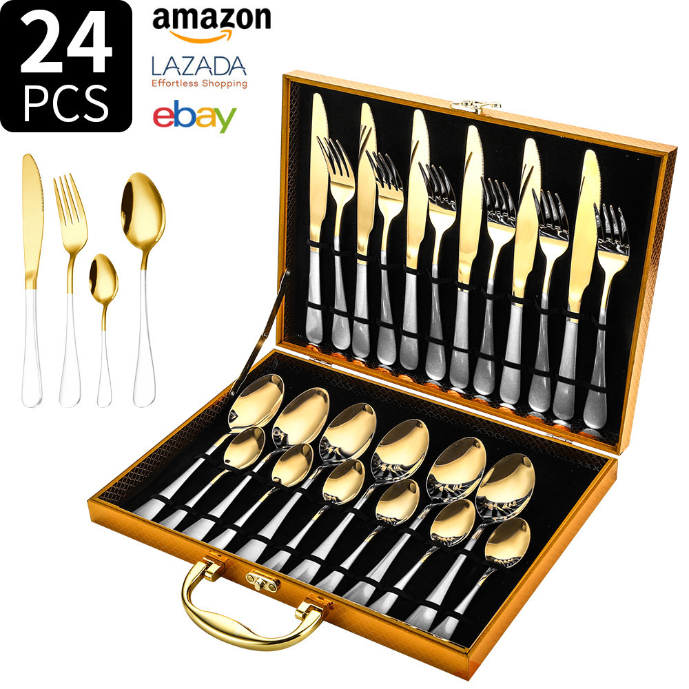 Fuente transfronteriza Amazon 1010 cubiertos de acero inoxidable cuchillo de comida occidental tenedor cuchara 24 piezas caja de regalo cuchara hotel