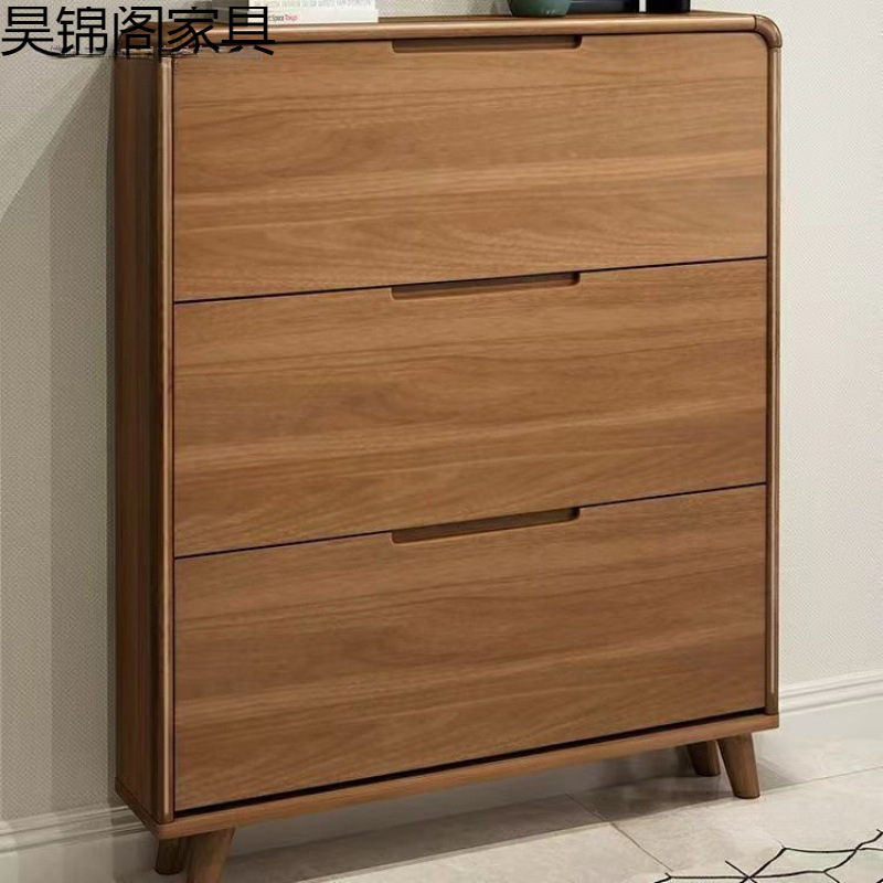 Ultra-Thin Simple Tipping Bucket Solid Wood Frame Shoe Cabinet Narrow 17cm Chinese Style Home Entrance Door Storage Small Apartment