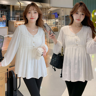 2024 maternity clothes spring and summer new Korean style new pregnant women's tops loose slimming solid color pregnant women's doll shirt