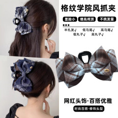 秋冬新款英伦学院风撞色格纹蝴蝶结抓夹经典复古布艺纽扣发夹头饰