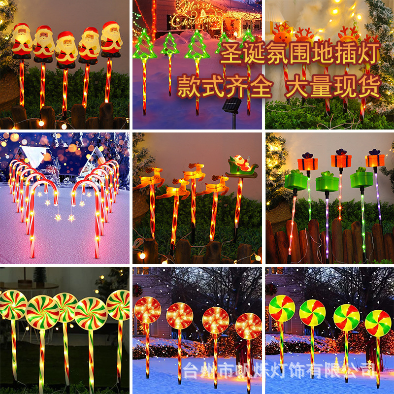 Solar-Powered Cane-Shaped Ground Lights Santa Claus Candy Holiday Atmosphere Outdoor Garden Waterproof Lawn Decorative Light String