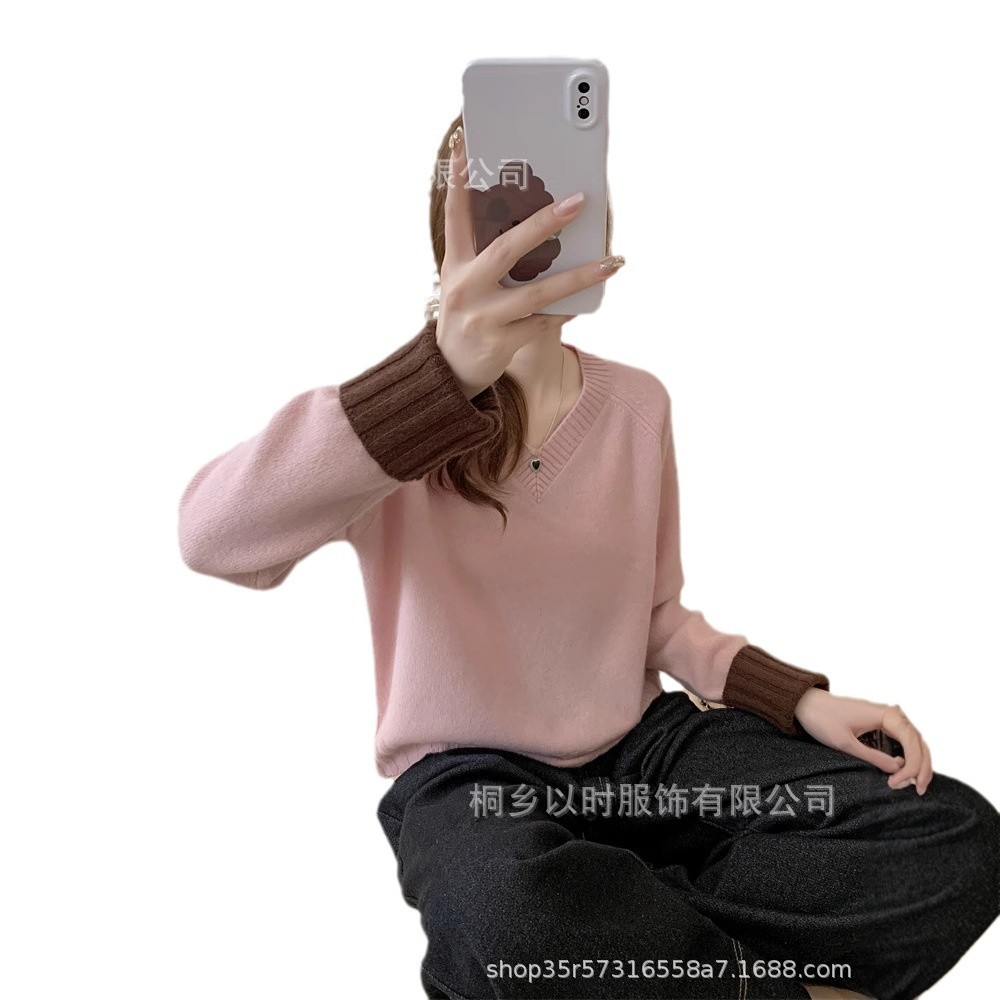 ESHI 겨울 새로운 품질 니트 PUYUAN 양모 스웨터 여성의 V 넥 컬러 소매 대비 컬러 모든 울 스웨터