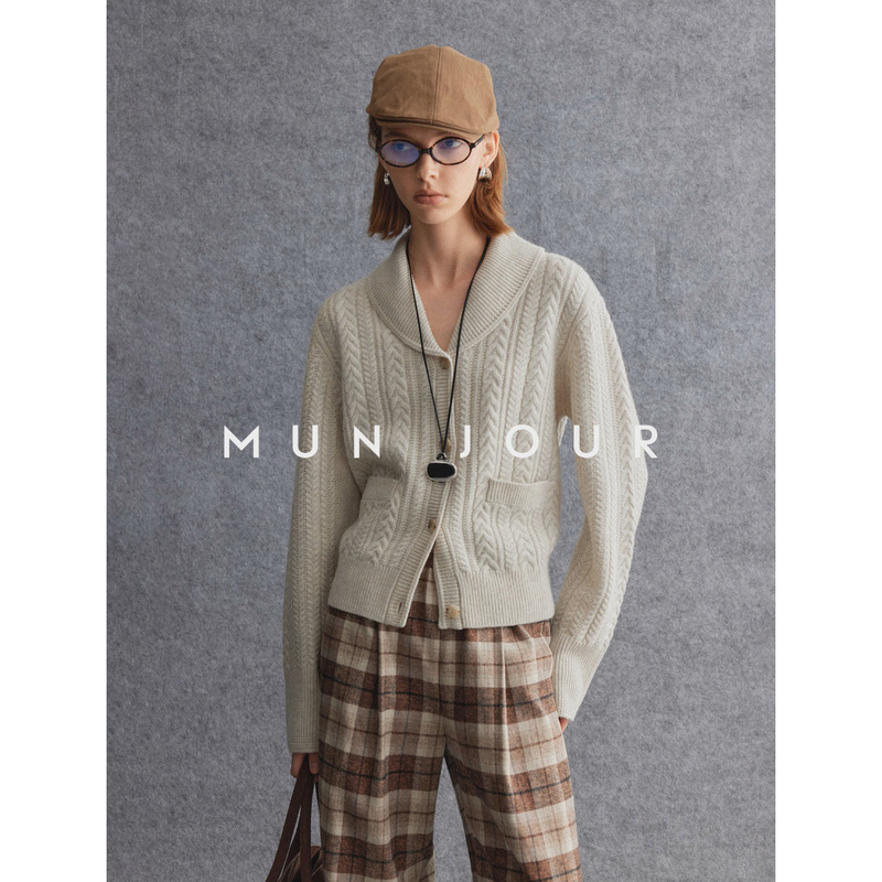 Soft and Warm Winter Yak Wool Blend Vtg Scandinavian Style Green Fruit Collar Retro Cable Knitted Cardigan