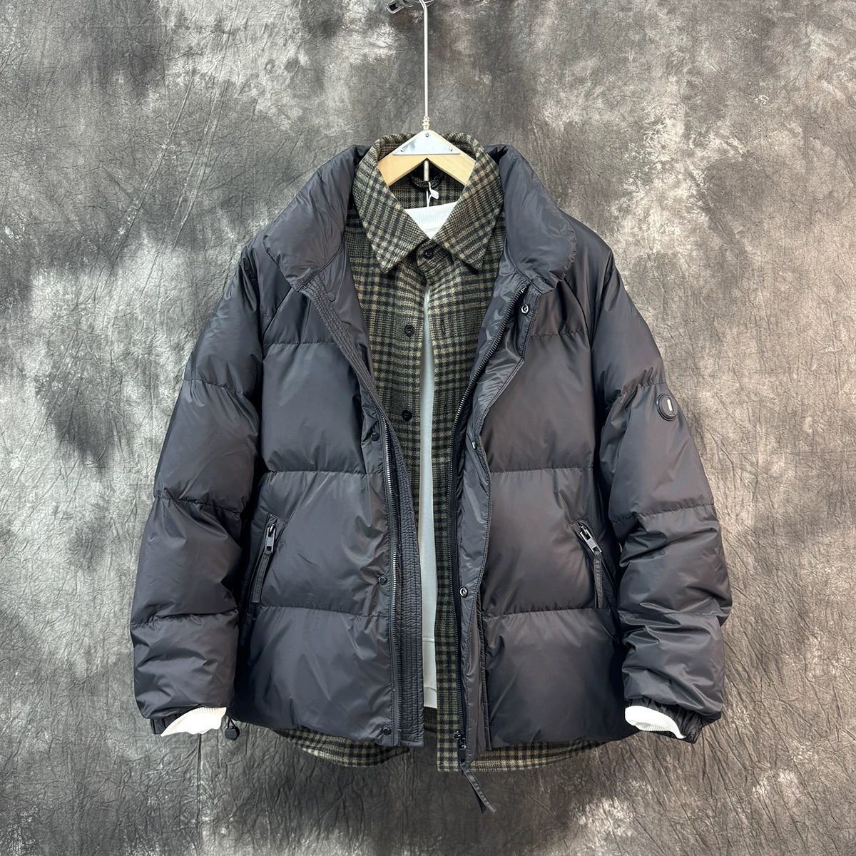 冬季新款翻领加厚羽绒服男假立领两件男装外套冬装衣服格子保暖