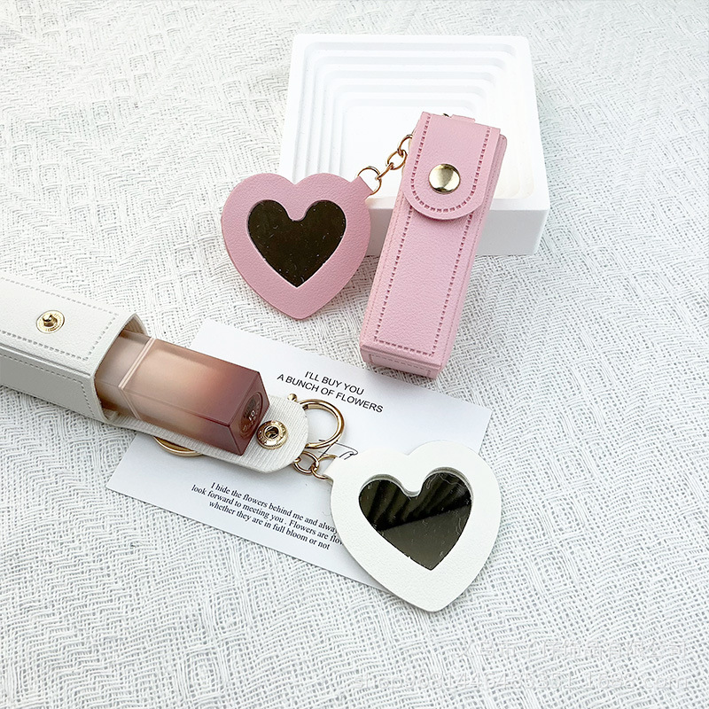 Cross-Border Popular Lipstick Storage Pouch Pendant, Cute Heart-Shaped Small Mirror Keychain, Couple's Small Gift Accessory