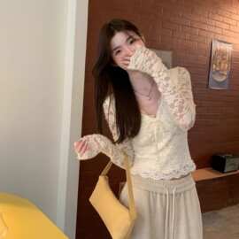 法式纯欲风白色v领蕾丝设计打底衫女系带高级感上衣