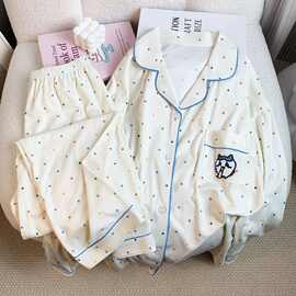 新款波点印花两件套女士家居服春夏秋长袖长裤睡衣套装女跨境货源