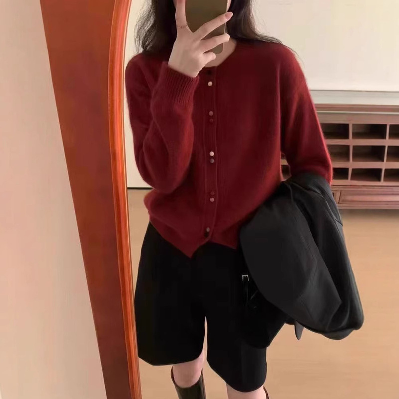 New Year Red Crewneck Red Cardigan Wool Sweater Women's European Autumn and Winter Cashmere Loose Thickened Knitted Sweater Jacket