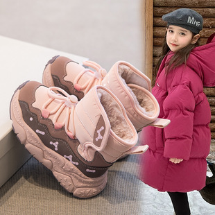 Girls' snow boots 2024 winter new children's big cotton shoes fleece-lined thickened autumn and winter girls' snow cotton waterproof