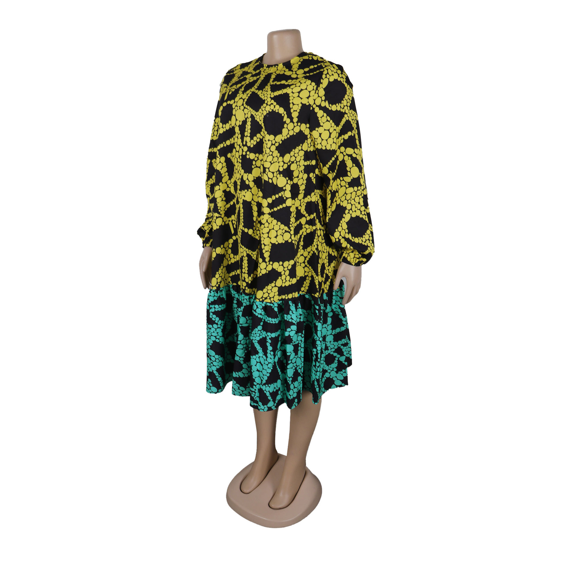 Printed Lace up Lantern Sleeve Loose Large Round Neck Dress