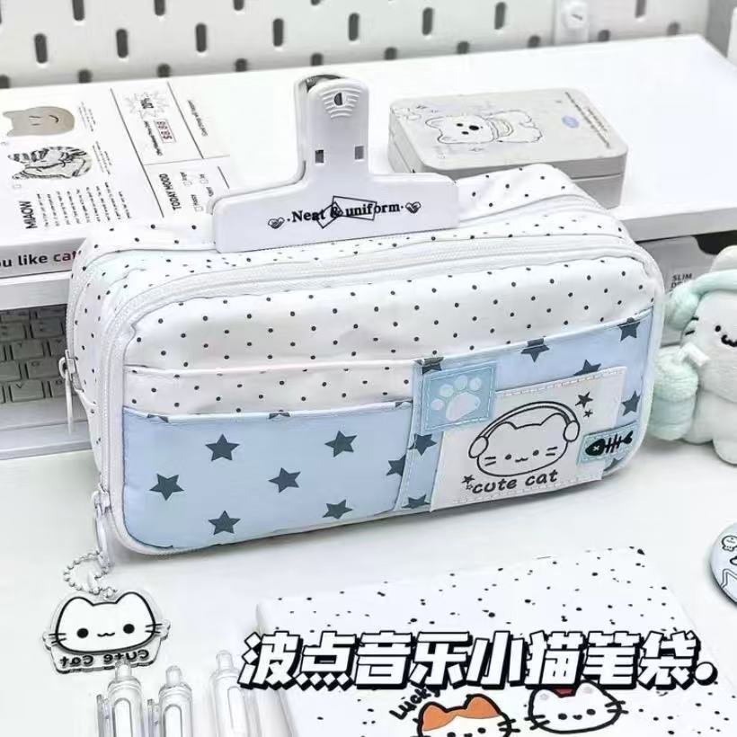 ins少女心蓝色音乐波点小猫多层痛包笔袋大容量铅笔文具袋收纳袋