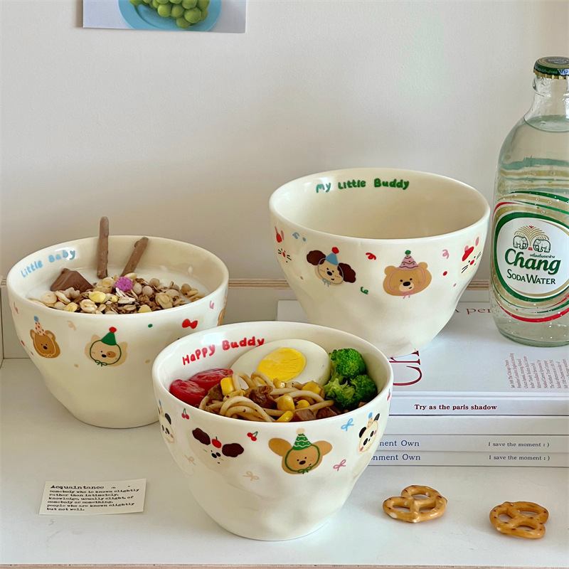 Cute Cream Color Hand-Kneading Ceramic Bowl High Color Matte Rice Bowl Household Dessert Bowl Breakfast Bowl Soup Small Bowl