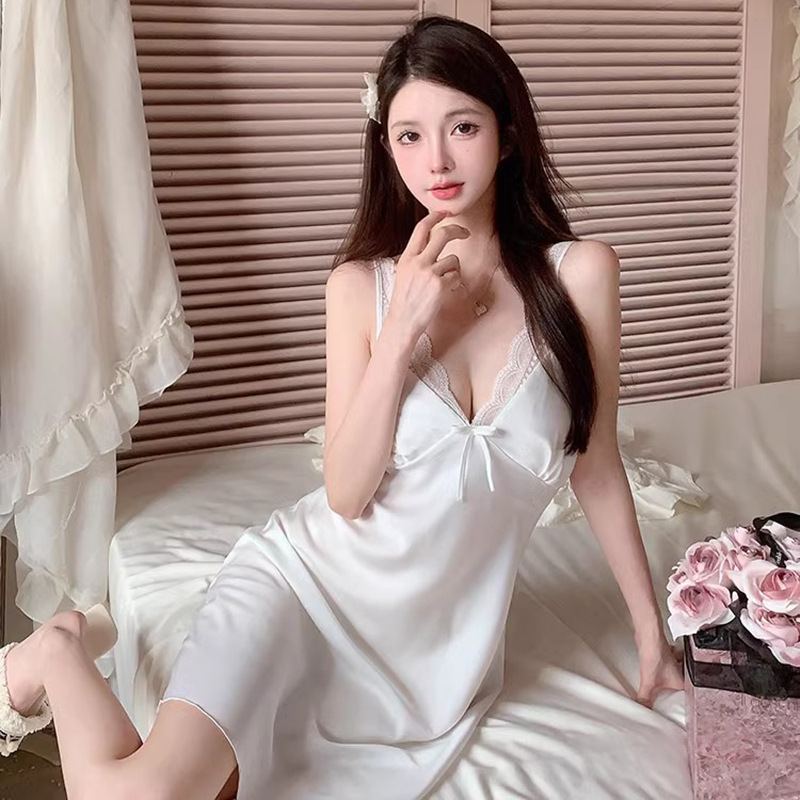 Ropa de verano con cojín de pecho colgante V-collar pijama sexy puro encaje delgado pijama de seda de nieve de color sólido mujer