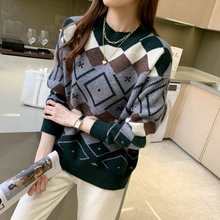 实拍2022慵懒风宽松毛衣女上衣加厚保暖复古日系几何图案毛针织衫