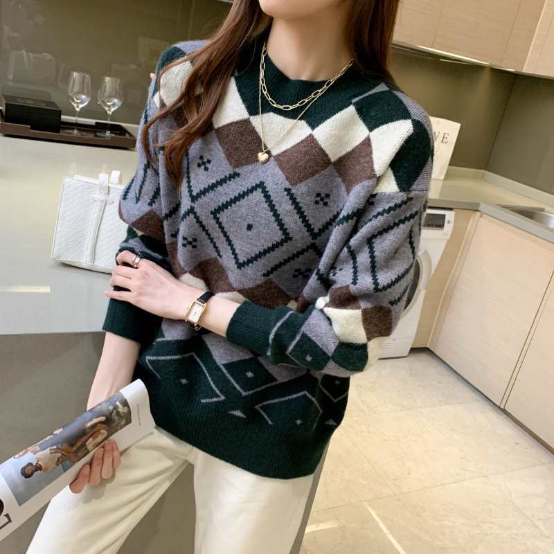 实拍2022慵懒风宽松毛衣女上衣加厚保暖复古日系几何图案毛针织衫