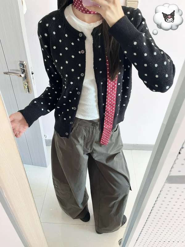 气质撞色波点针织开衫女春秋季小众慵懒风高级感毛衣纽扣外套上衣|undefined